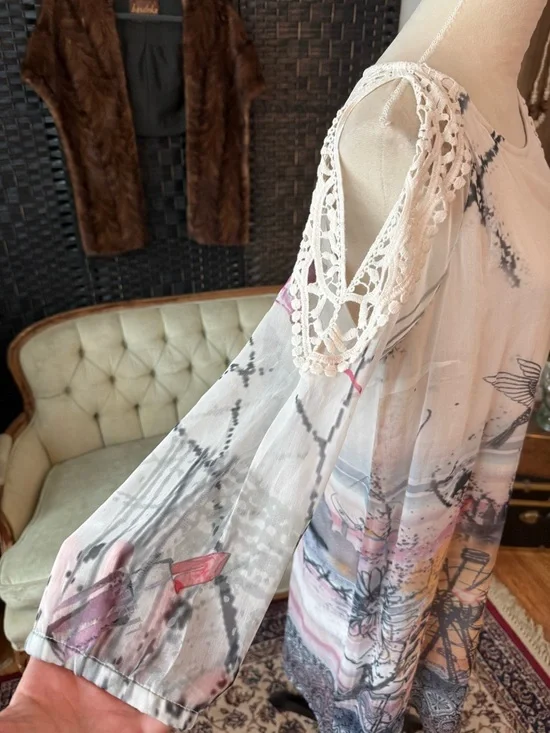 🐦 NWT Cream Addie Dress Chalk Print Lace Shoulder Sheer Boho Tunic EU 36 - Picture 4 of 14